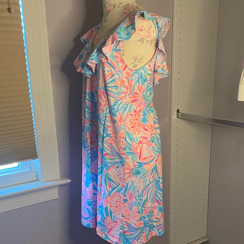 Lilly Pulitzer Ruffle-Neck Mini Dress in Coral, Aqua & Pink - Picture 5 of 10